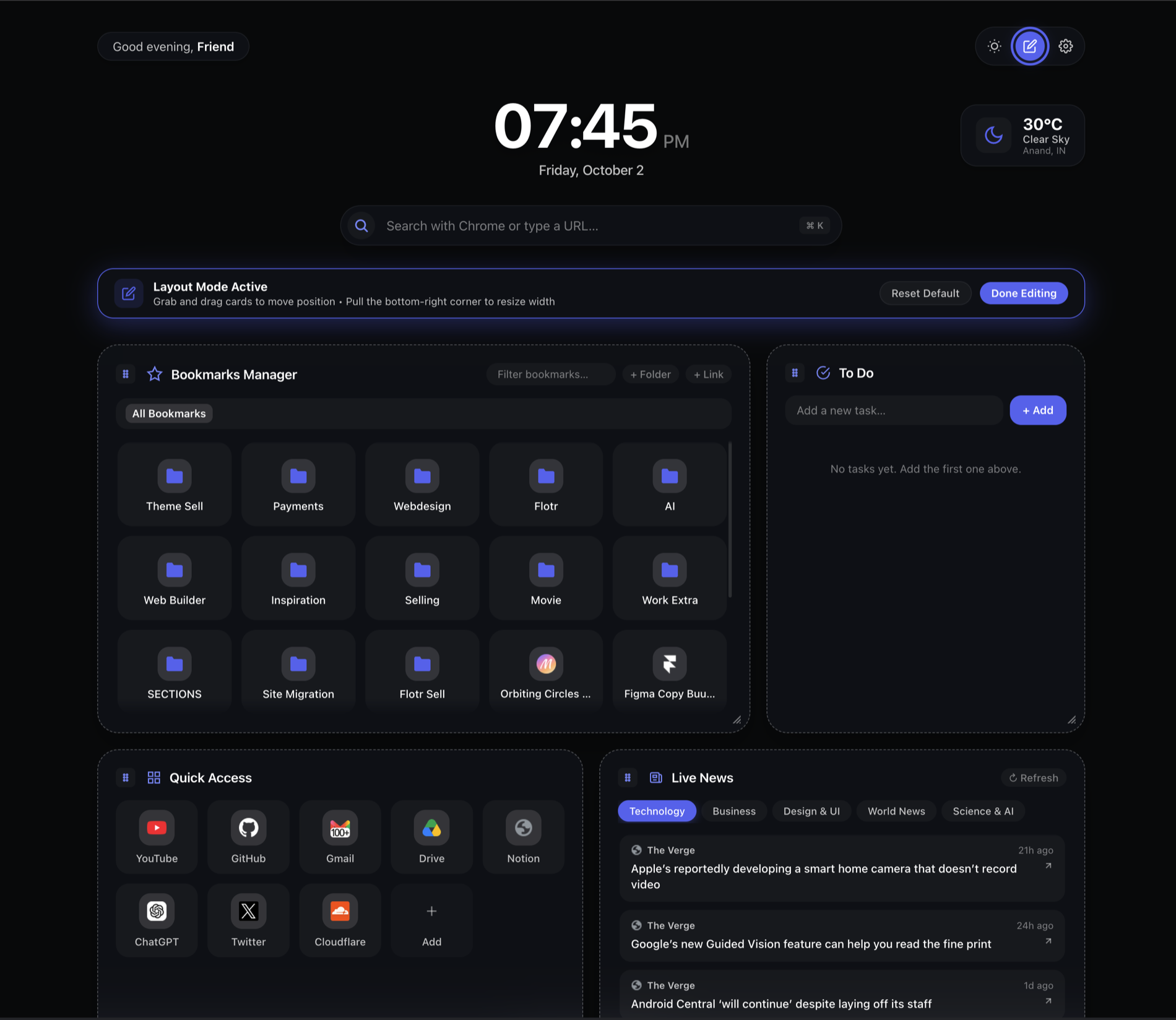 Layout mode showing drag handles and resize corners on dashboard sections