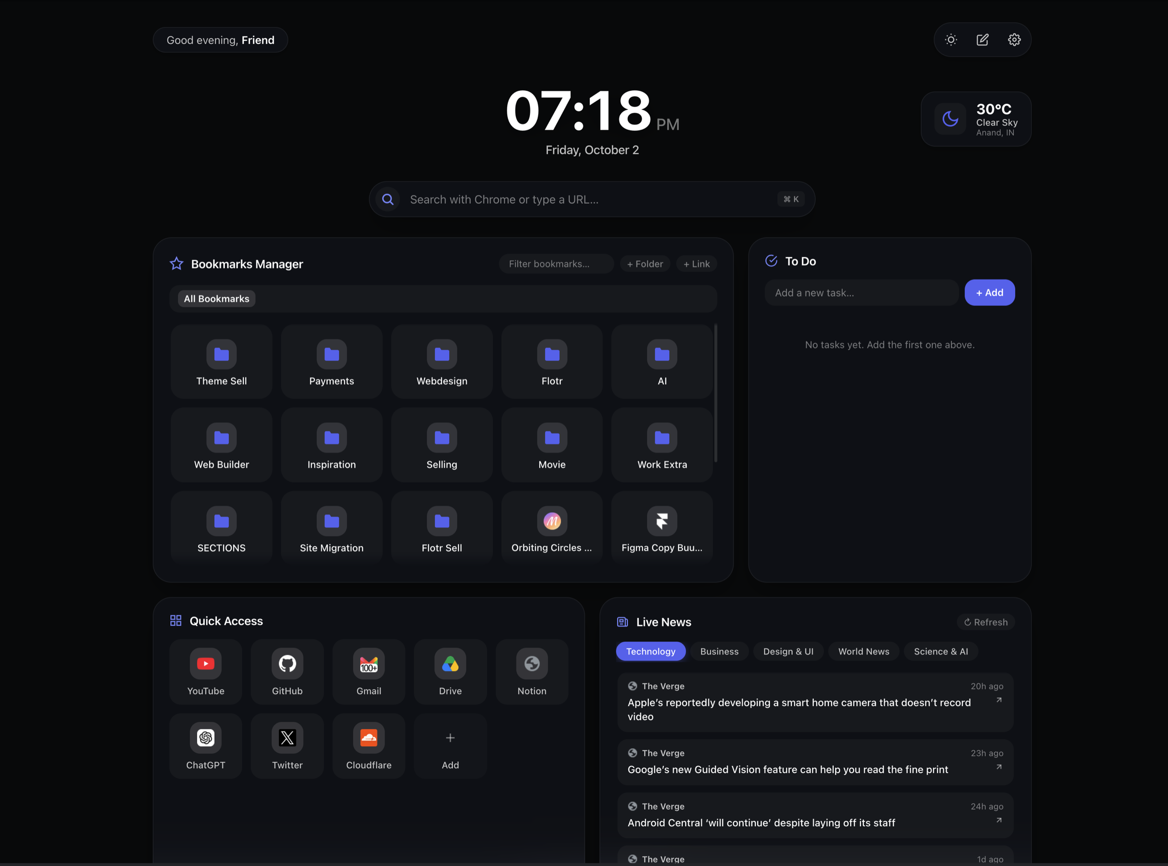 Zenith new tab showing bookmarks, tasks, quick access, local weather, and live news sections